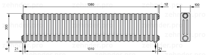 Схема (чертеж) Радиатор Zehnder Charleston 3030/30 №3570 Белый глянцевый RAL 9016